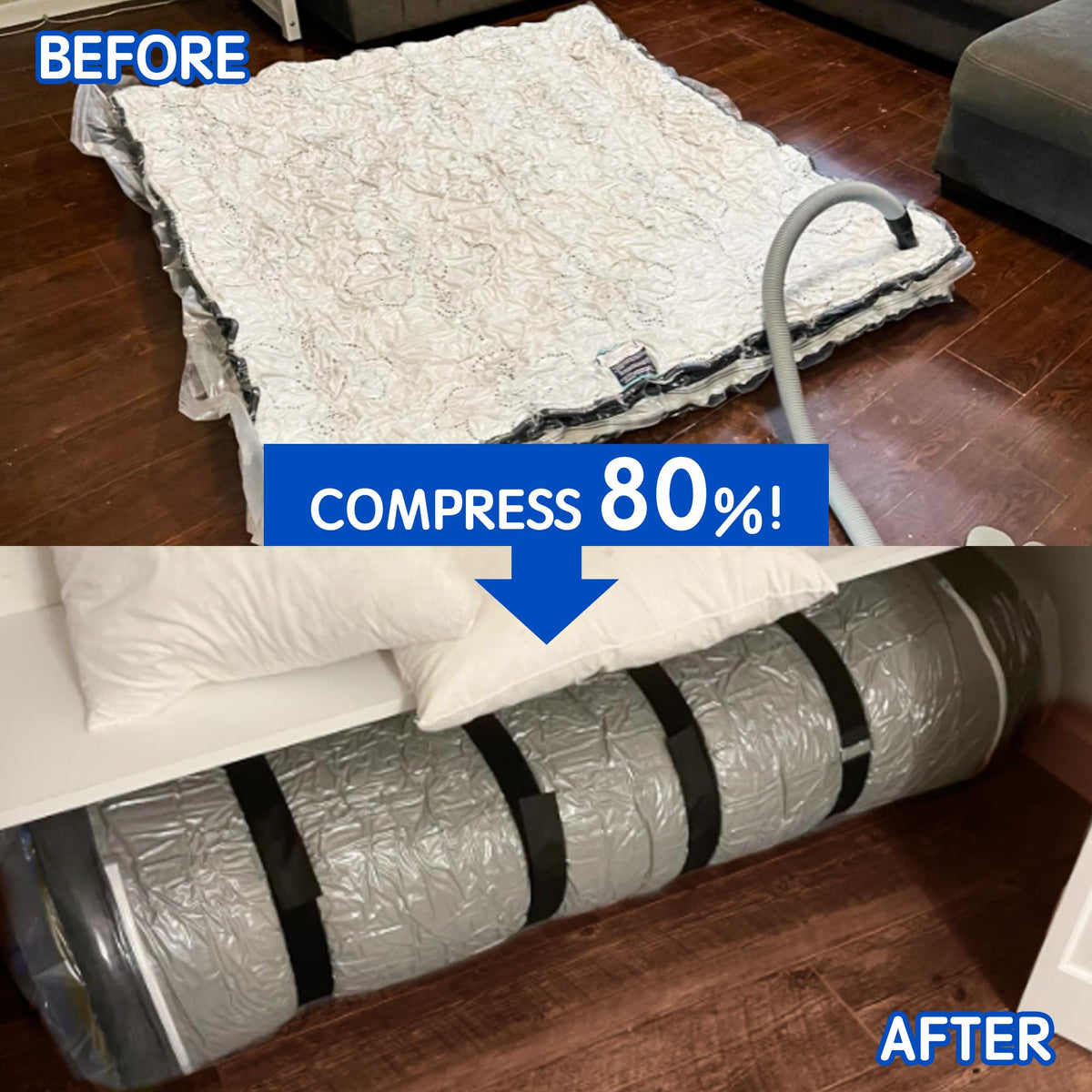 Double-seal zipper traps air for long-term mattress protection.