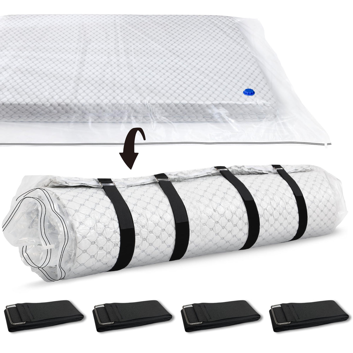 Storage Master vacuum bag sealed around queen mattress for easy transport.