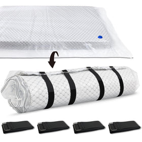 Storage Master vacuum bag sealed around queen mattress for easy transport.