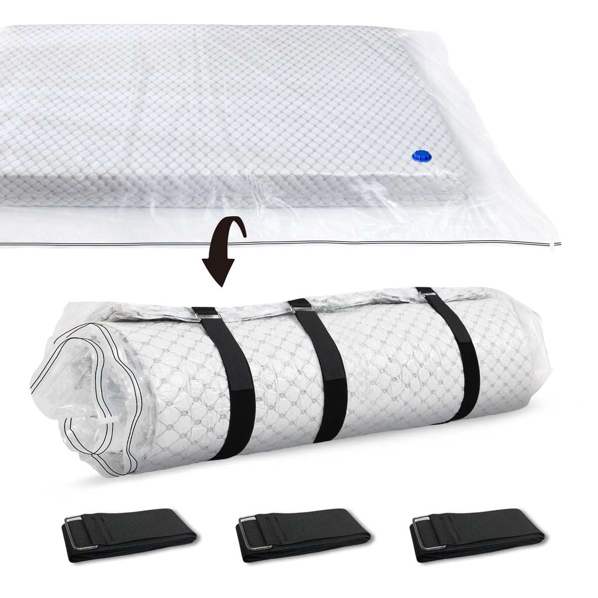 Storage Master vacuum bag compresses twin mattress for easy storage and transport.