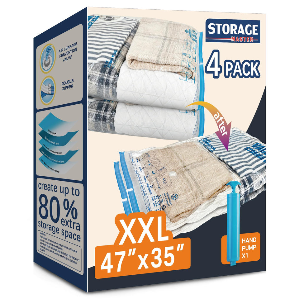 Storage Master XXL bag enclosing a blanket inside for space-saving storage.