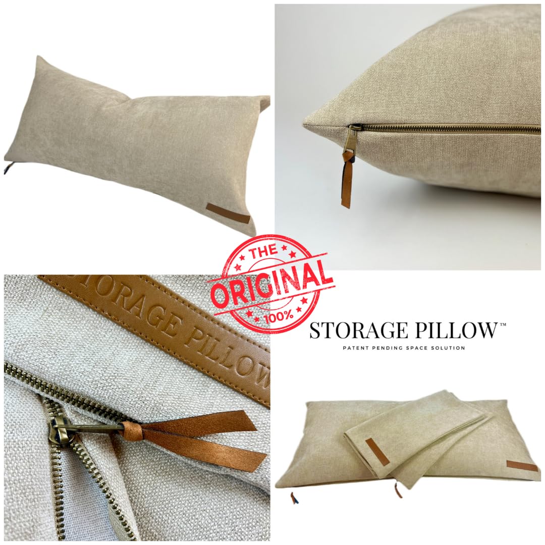 Neutral tan fabric by STORAGE PILLOW XL complements many decors.