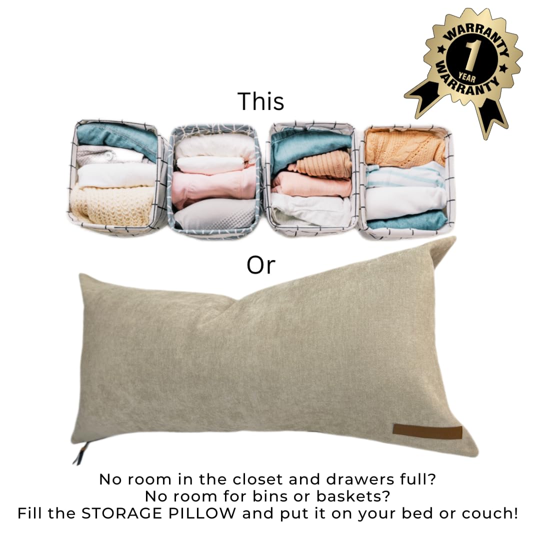 Open zipper and fill STORAGE PILLOW XL with soft items for space saving.