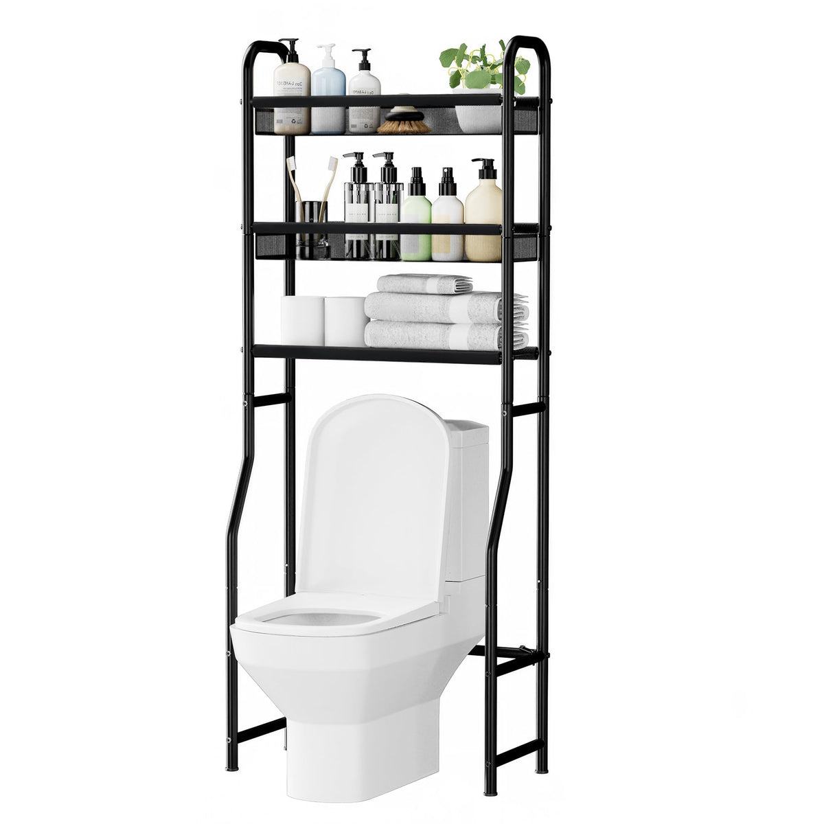 StorageIDEAS 3-tier over-the-toilet shelf keeps towels within easy reach.