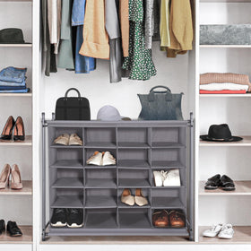 Storagemaniac 20-cubby gray shoe cubby side view showing stackable design.