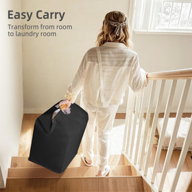 Storage Maniac collapsible hamper folds flat to save space when not in use.