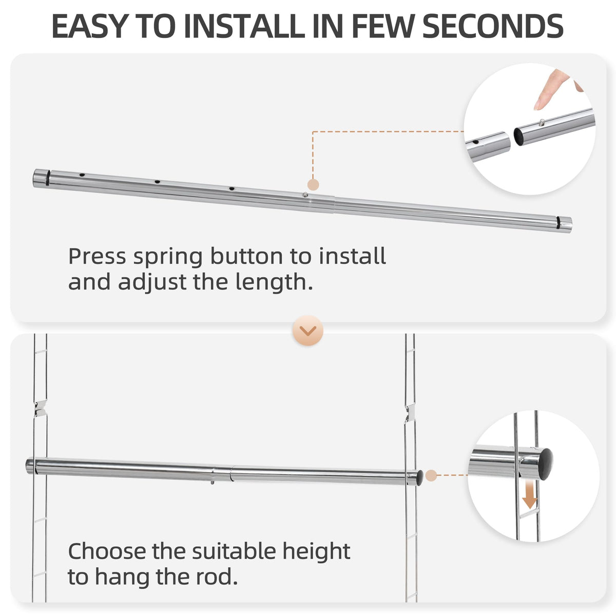 Storage Maniac chrome-finish rod adds sturdy, rust-resistant support