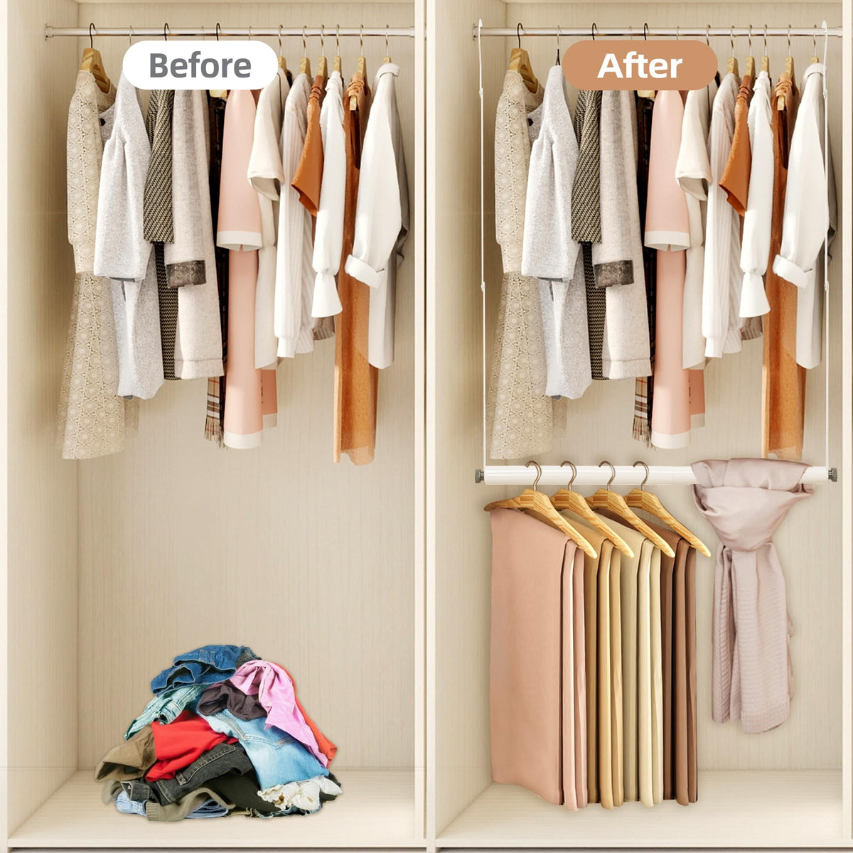 STORAGE MANIAC supports up to 110 lbs of garments on a sturdy rod