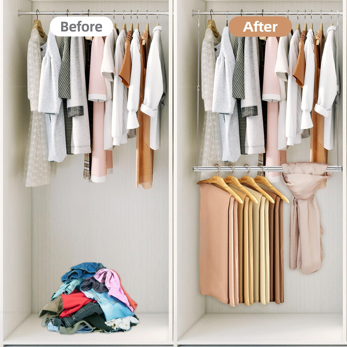 Storage Maniac closet system installed over existing rod for quick upgrade