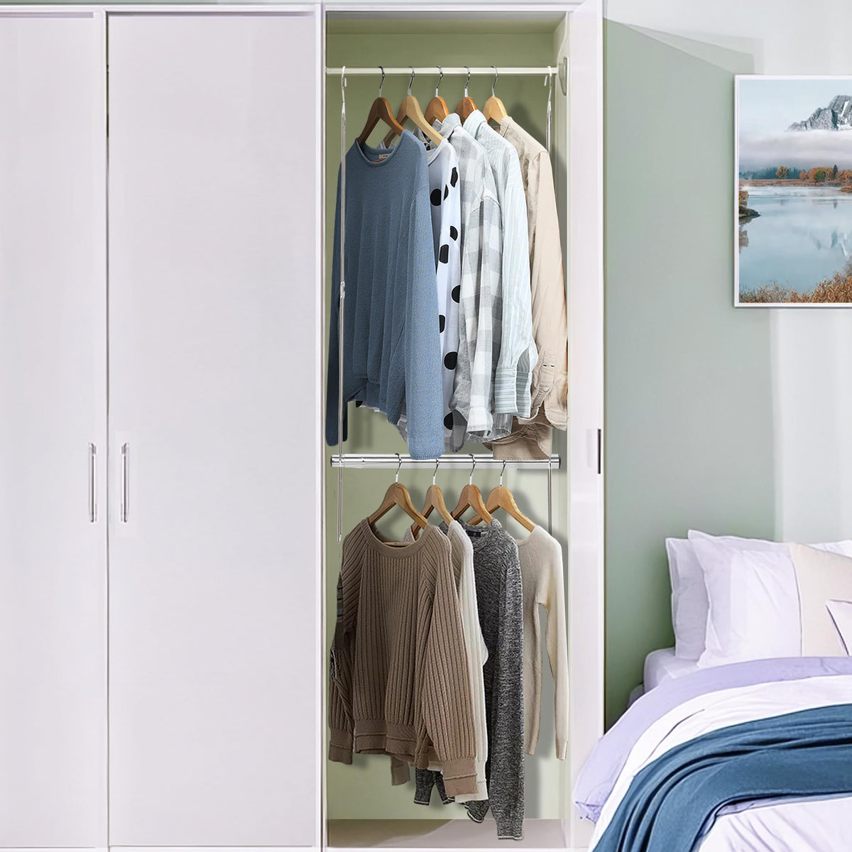 Storage Maniac double hanging system provides extra outfit organization