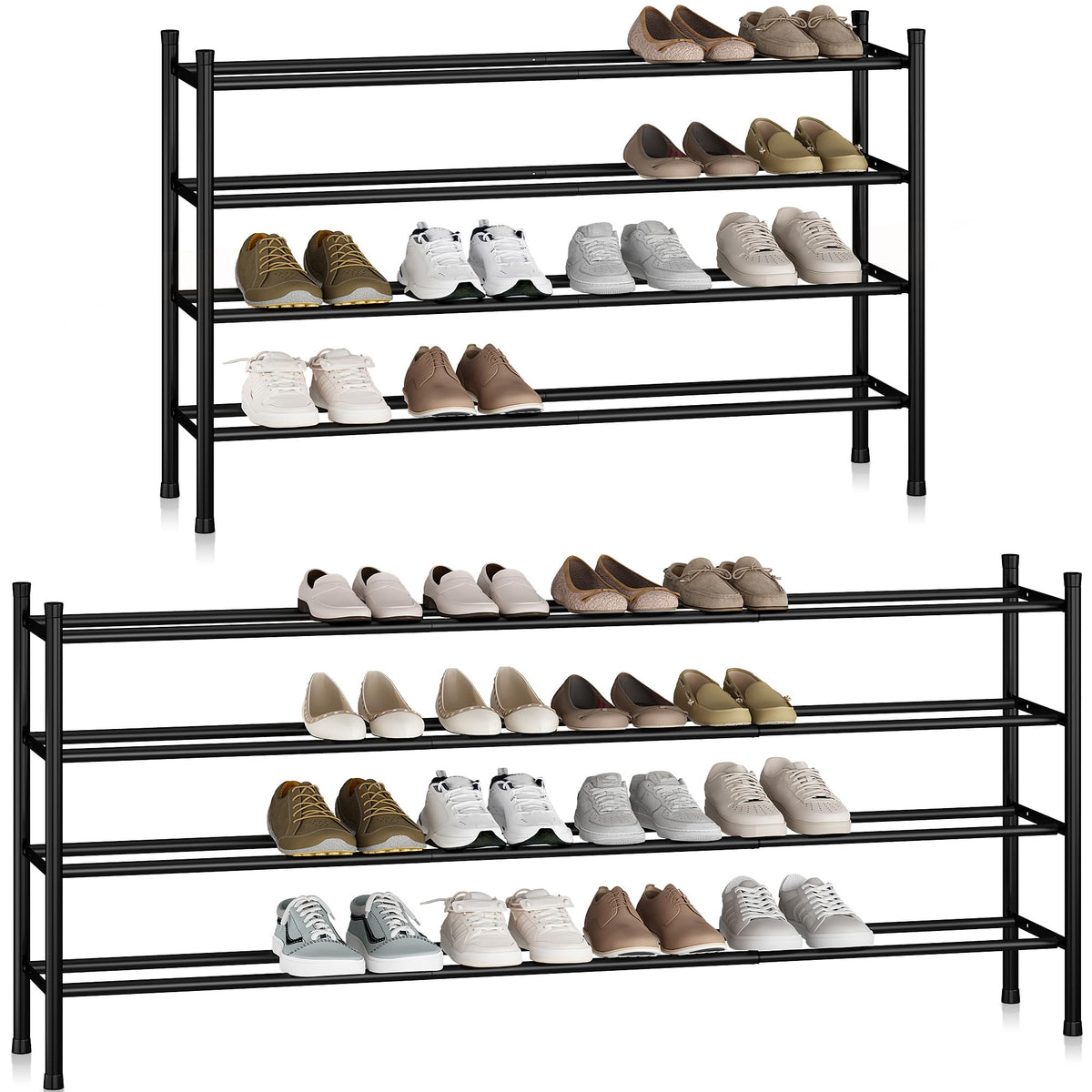 STORAGE MANIAC long expandable shoe rack front view showing extended capacity for 24 pairs in a closet