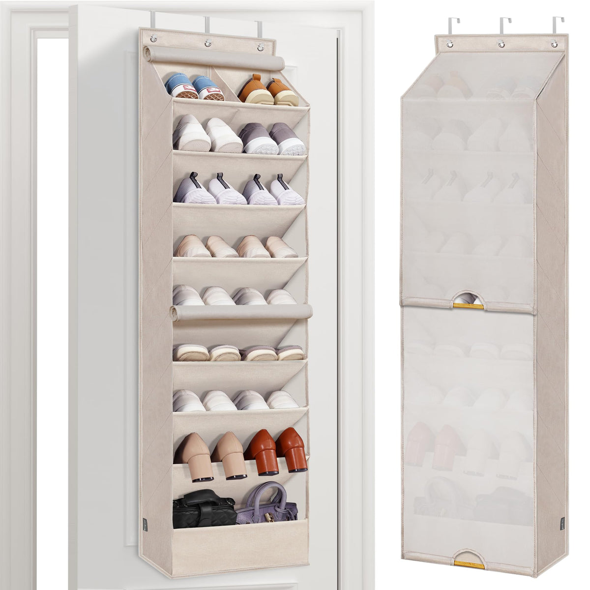 Storage Maniac over-the-door shoe organizer with curtain dustproof keeps entryway tidy.