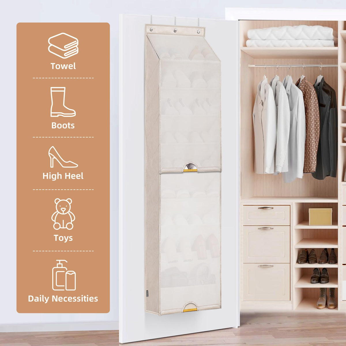 Storage Maniac three-hook door mounting fits various doors for versatile use.