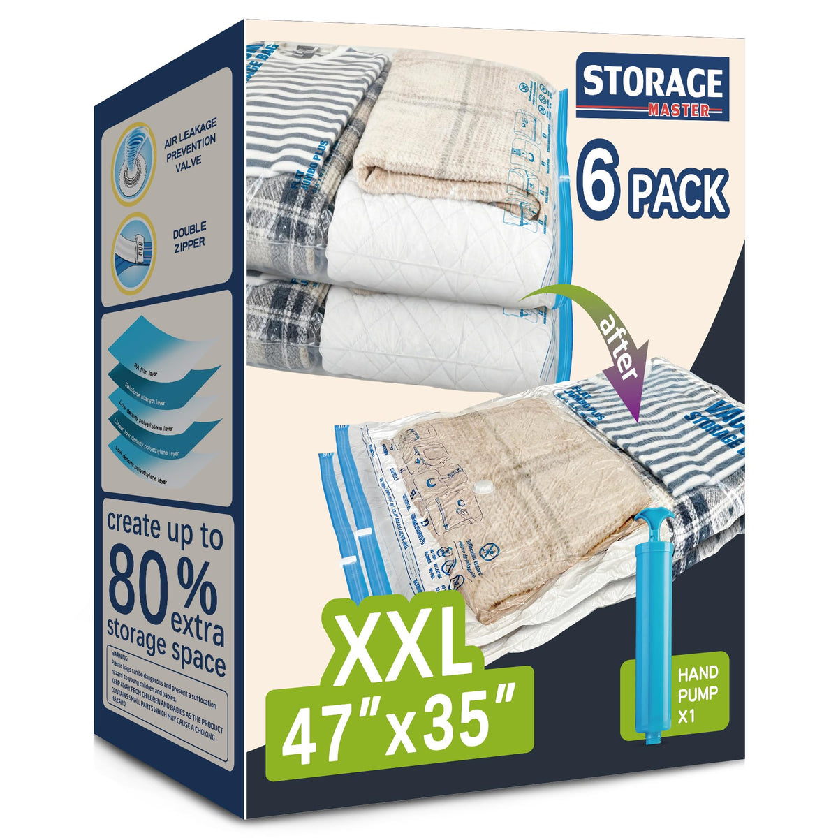 Storage Master XXL bag holds blankets for compact closet storage and easy access.