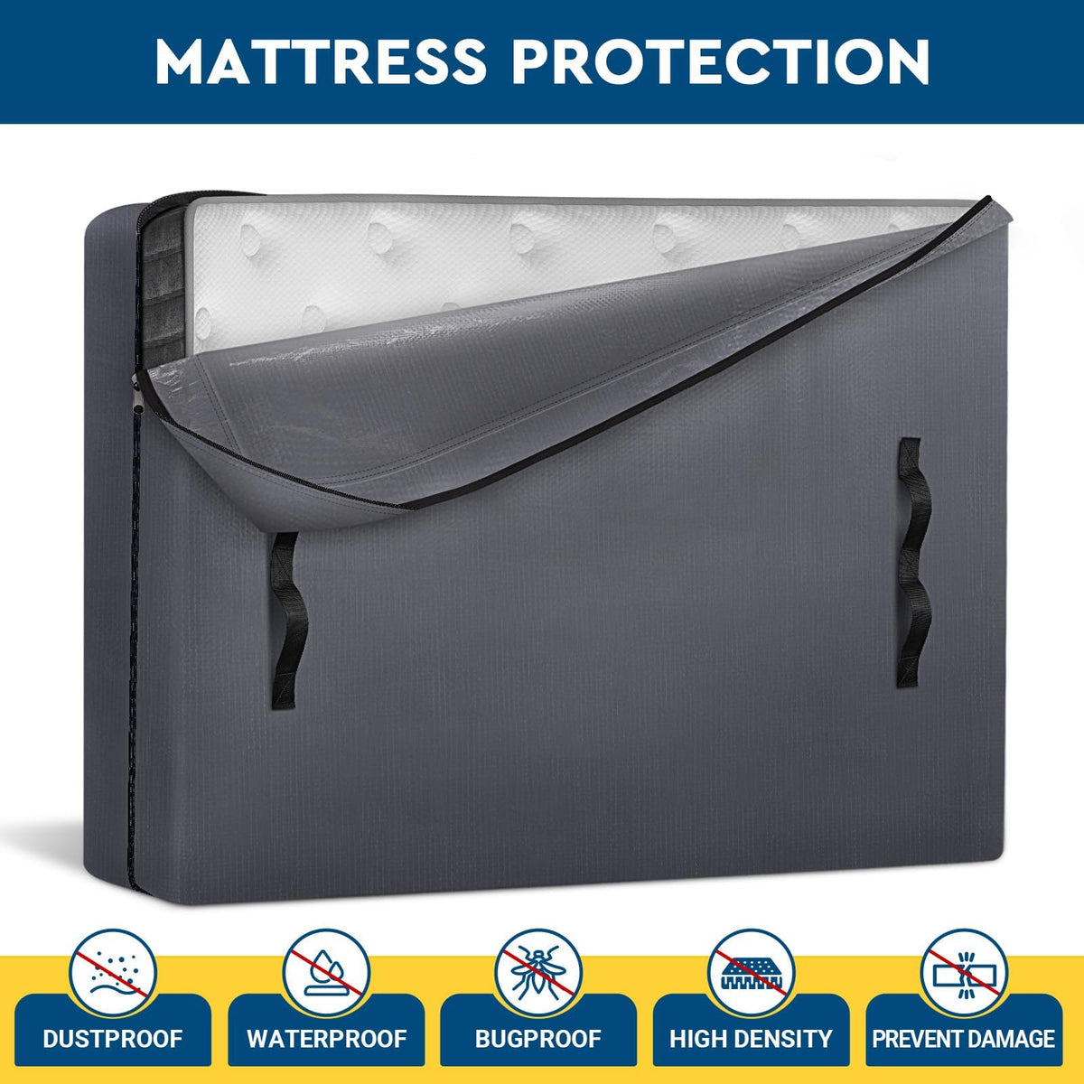 StorageRight heavy-duty queen mattress bag side view with reinforced handles