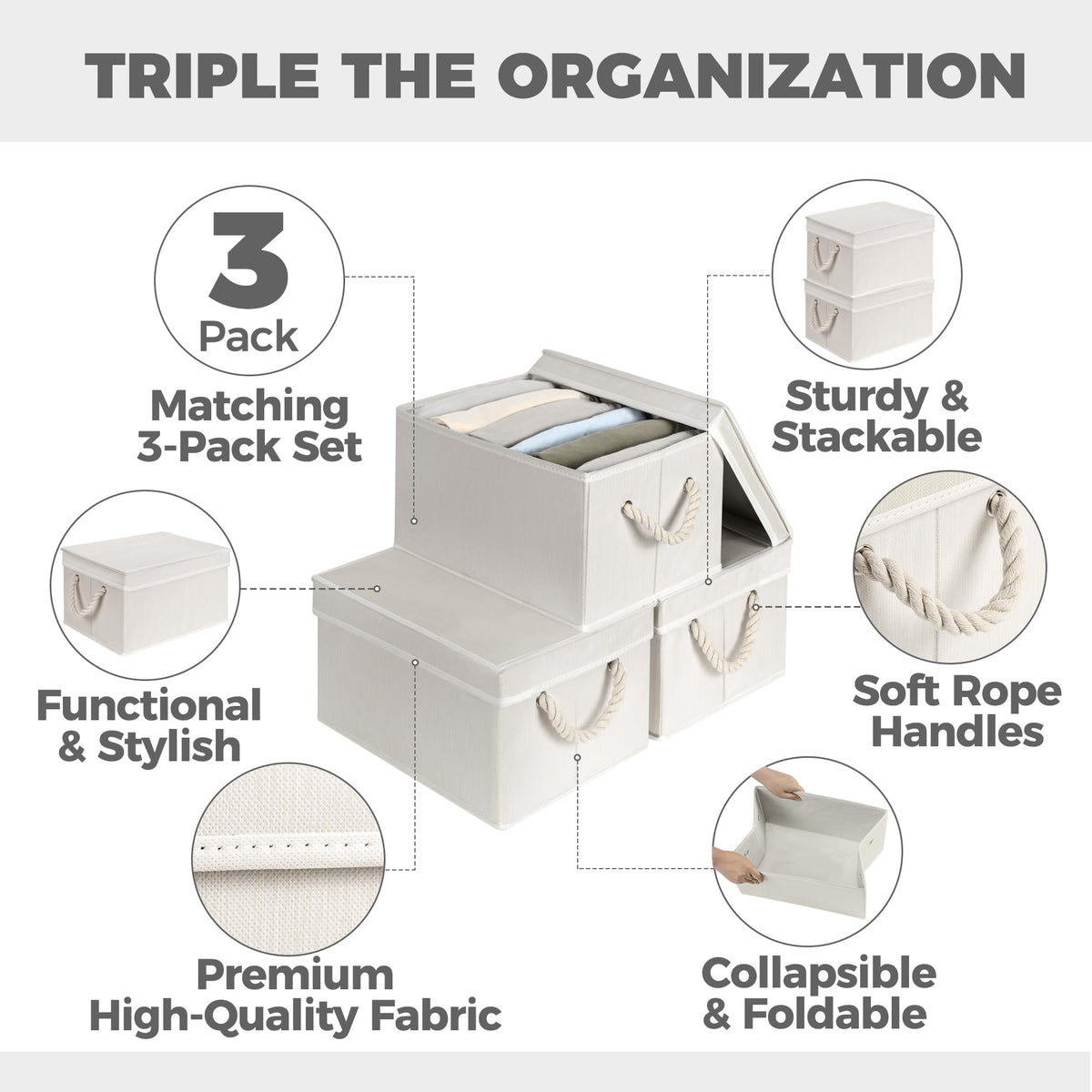 Storage Standard ivory fabric bin with rope handles, easy to move and access closet essentials.
