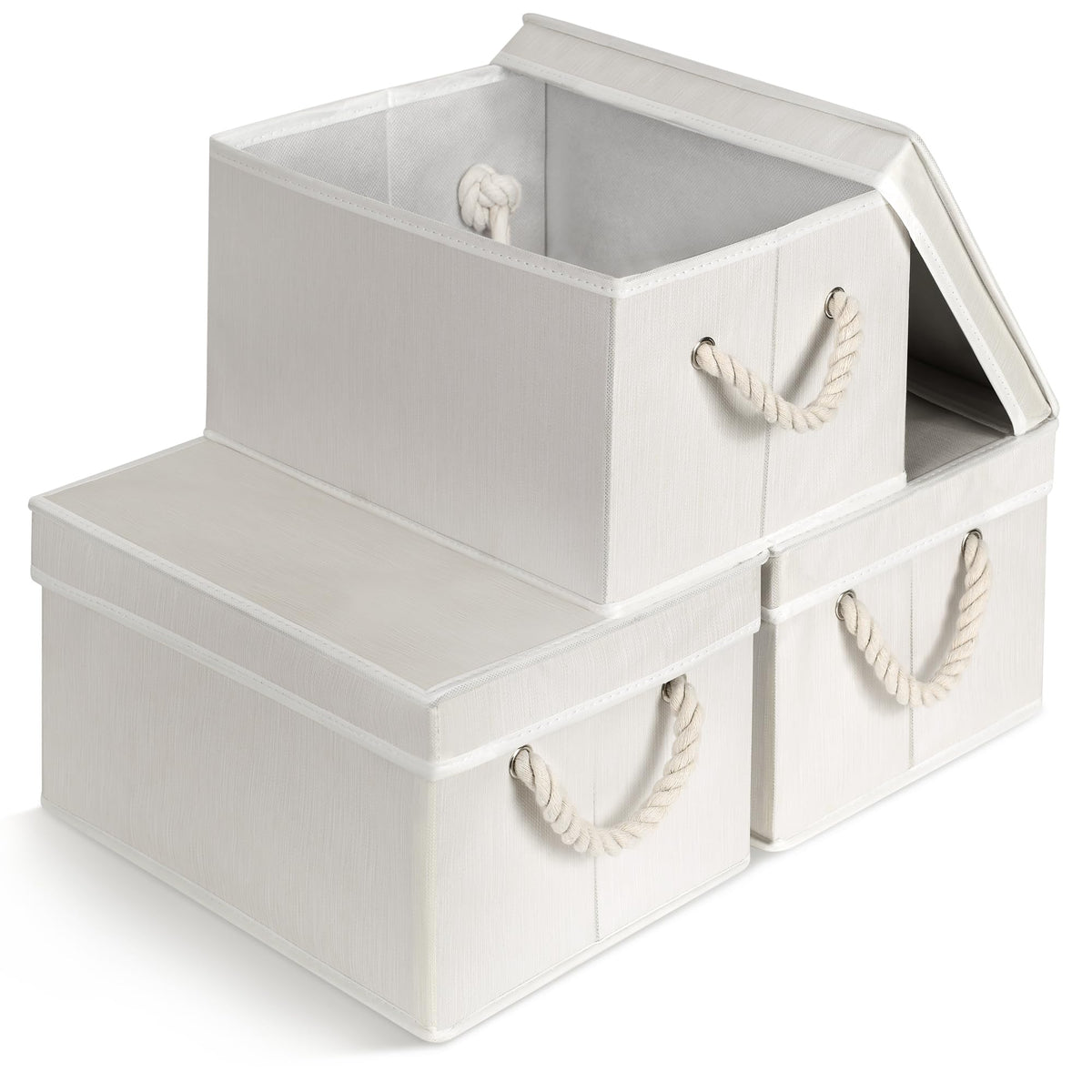 Storage Standard ivory fabric bin set of 3 with lids for closet organization.