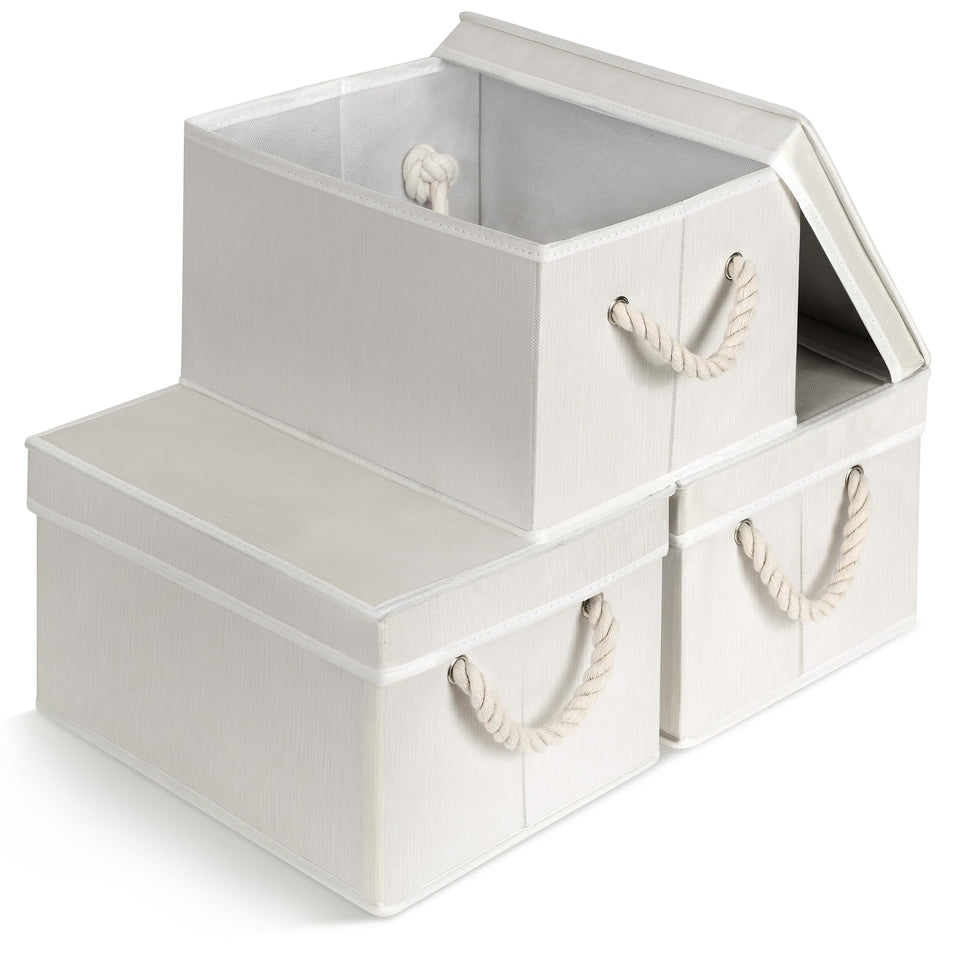 Storage Standard ivory fabric bin set of 3 with lids for closet organization.