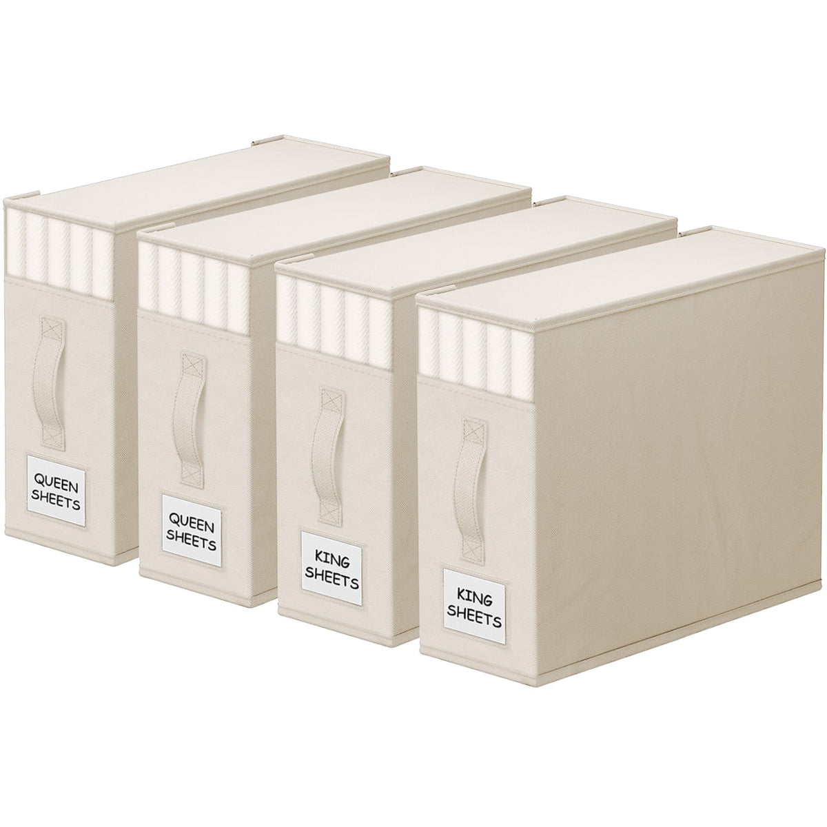 StorageTastic 4-pack bed-sheet closet organizers with window for quick access to linens.