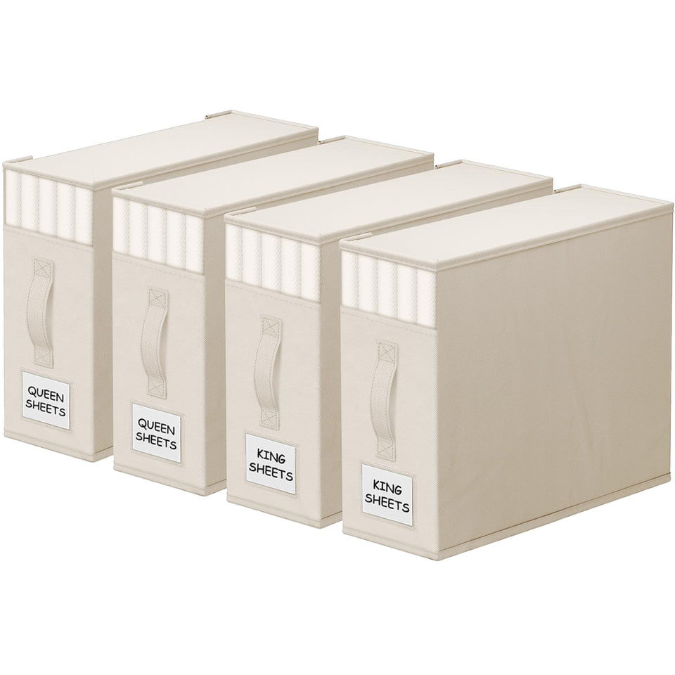 StorageTastic 4-pack bed-sheet closet organizers with window for quick access to linens.