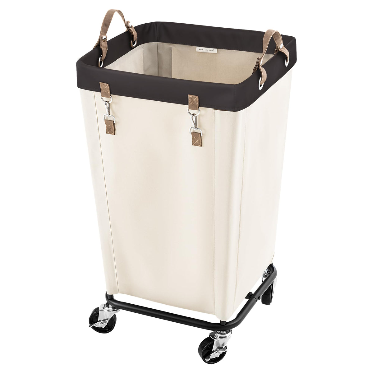 StorageWorks 110L laundry basket with wheels shown for easy mobility across rooms
