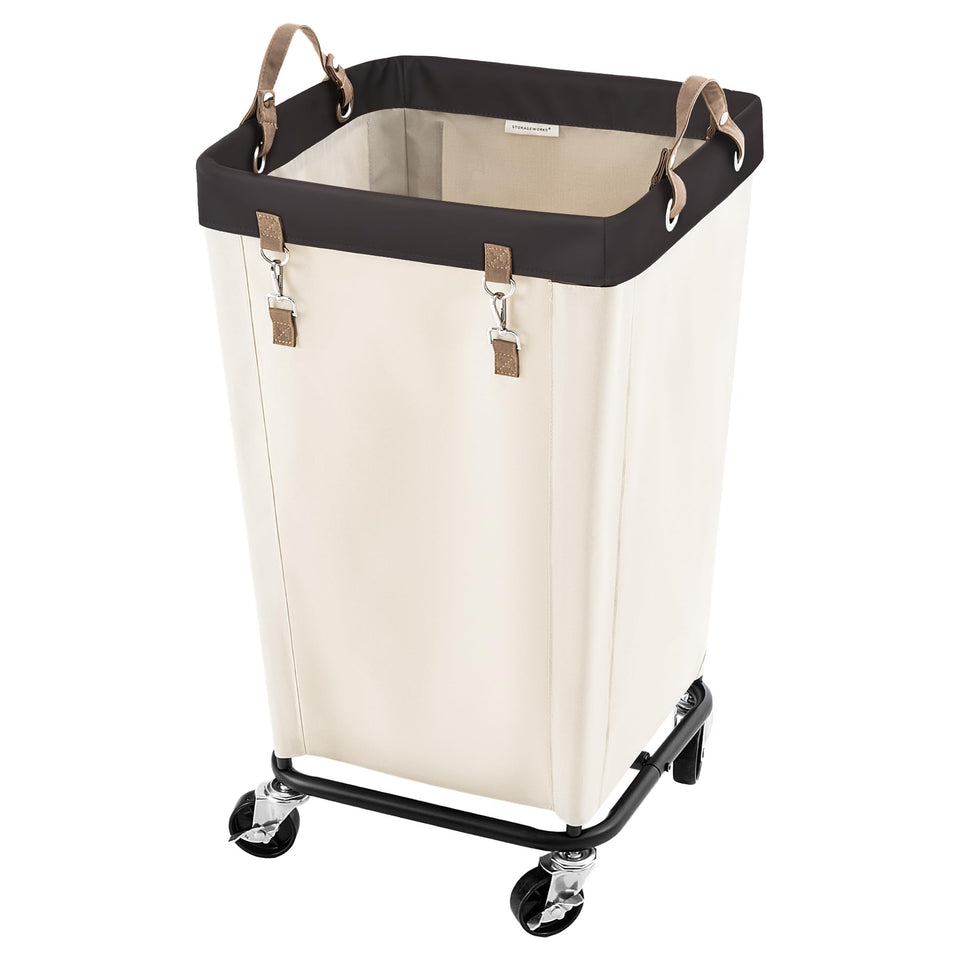 StorageWorks 110L laundry basket with wheels shown for easy mobility across rooms