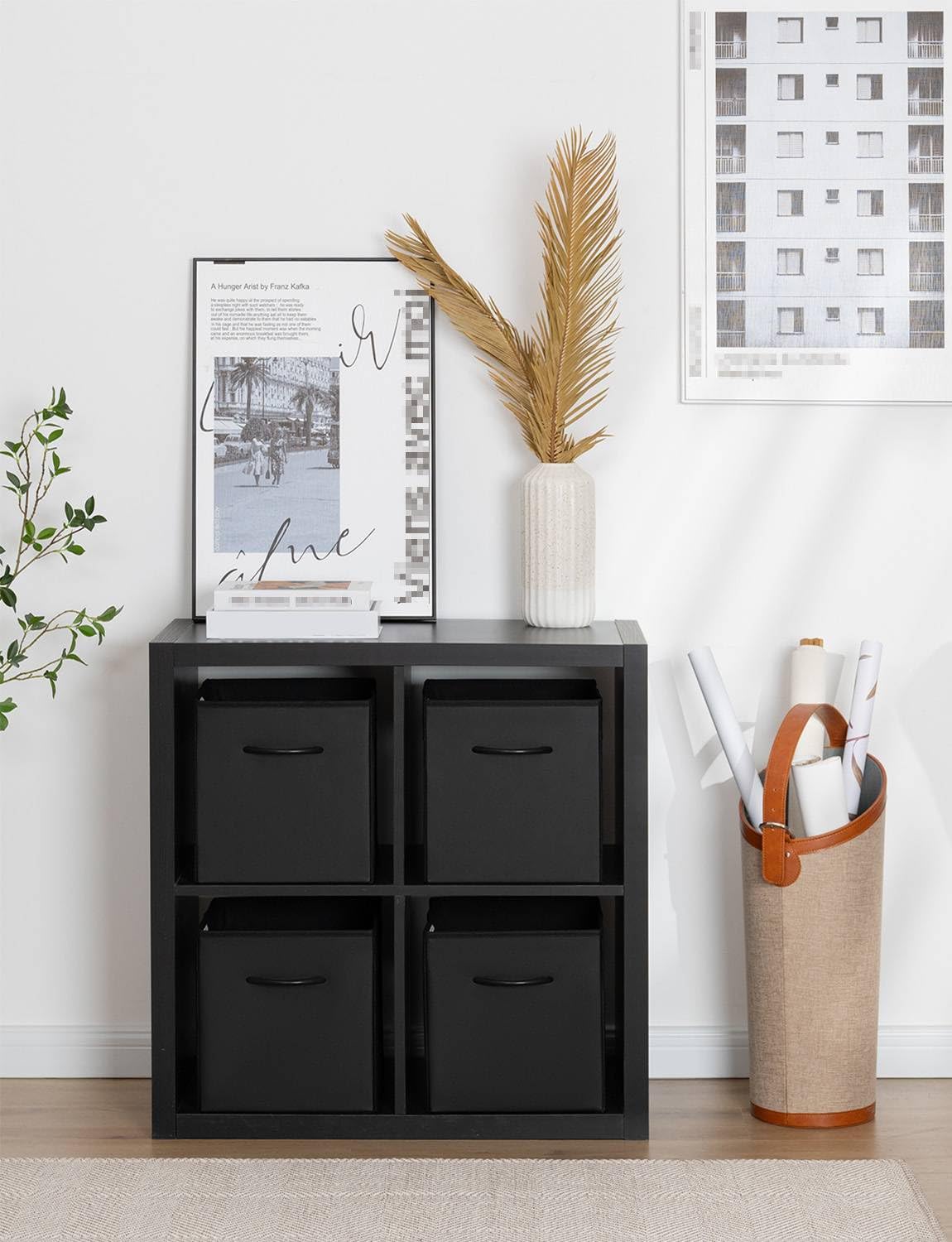 StorageWorks 11x11 cube bin on a shelf for tidy bookcase organization.