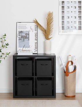 StorageWorks 11x11 cube bin on a shelf for tidy bookcase organization.