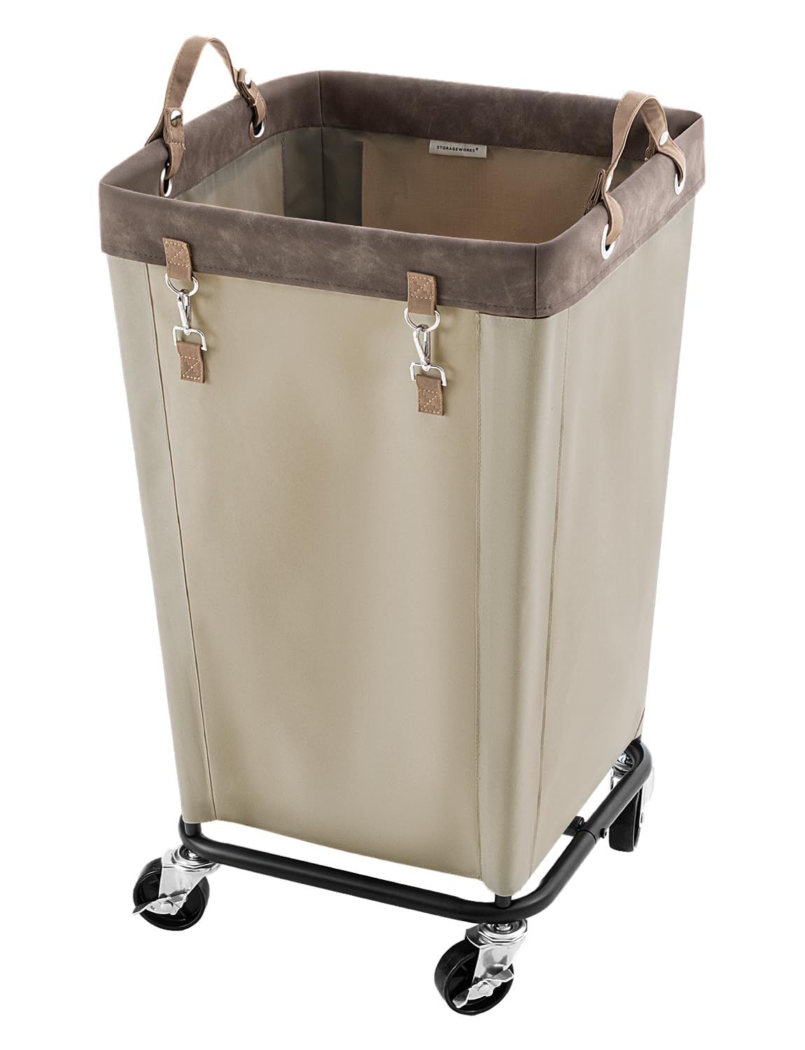 StorageWorks 160L laundry basket with wheels, front view shows capacity for families.