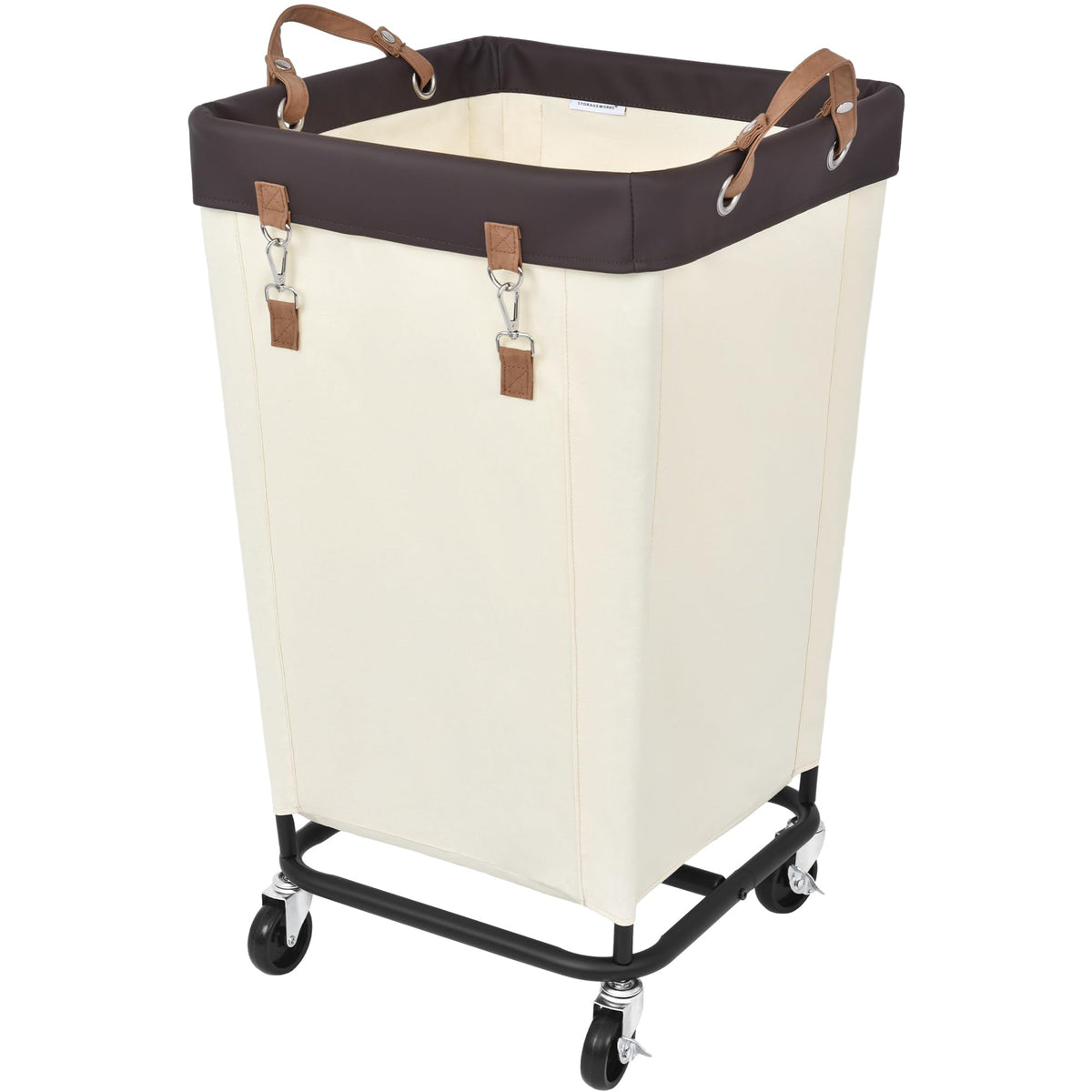 StorageWorks 160L basket front view with wheels showing easy mobility for laundry transport