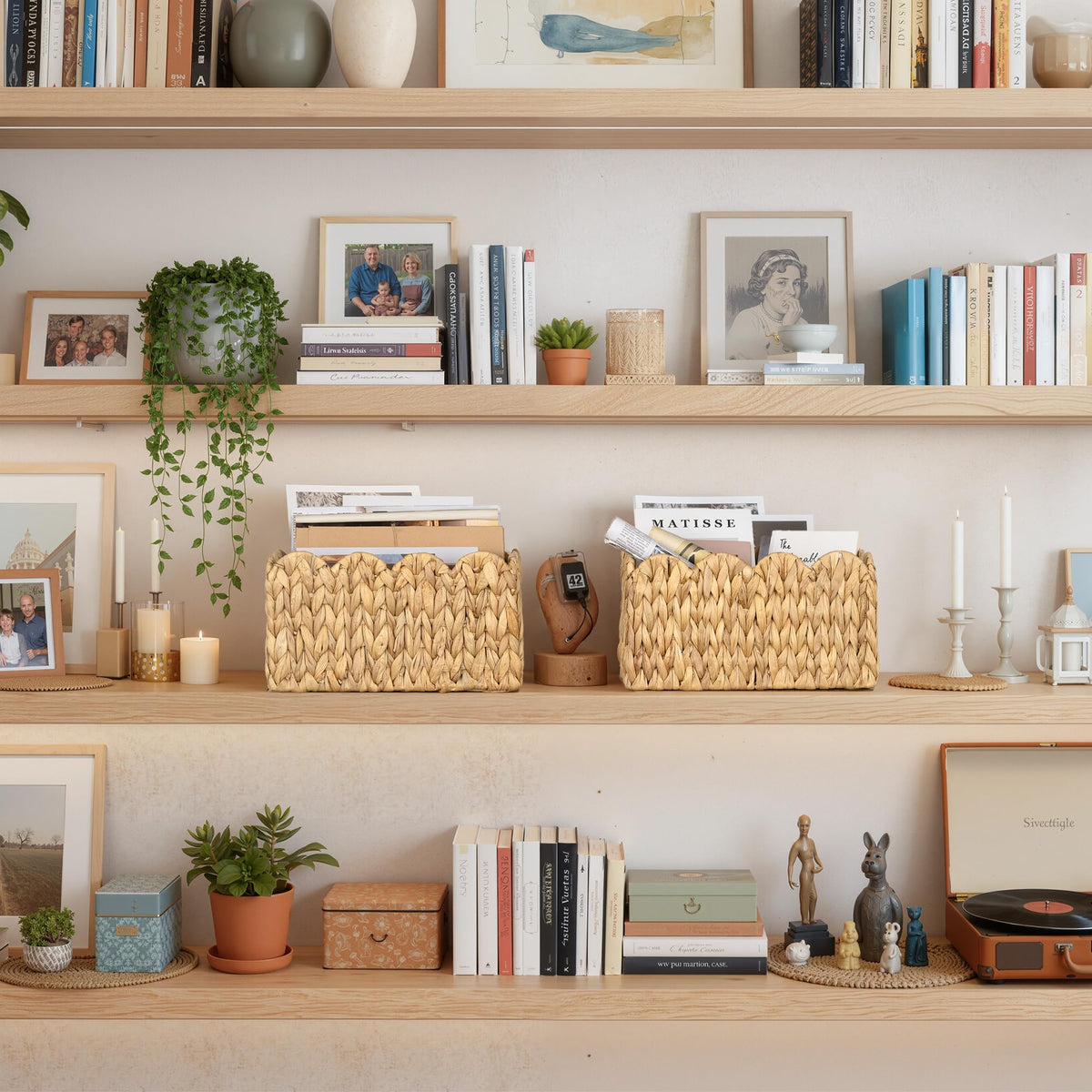 StorageWorks basket on a shelf doubles as decor and storage.