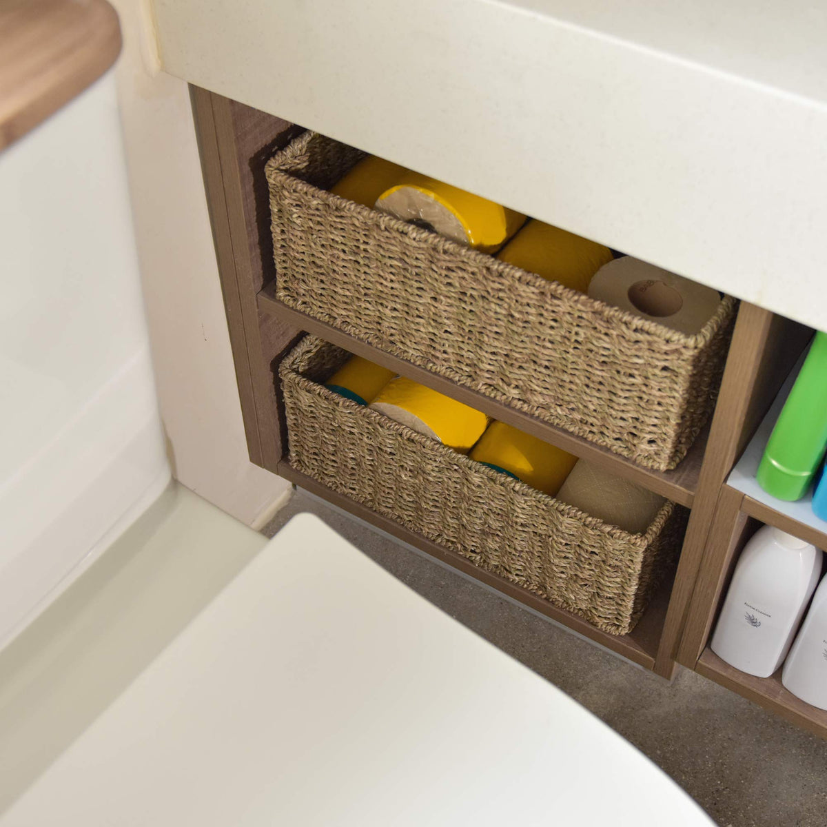 StorageWorks bathroom-organization-multi-space demonstrates versatile placement in bathroom or on shelves.