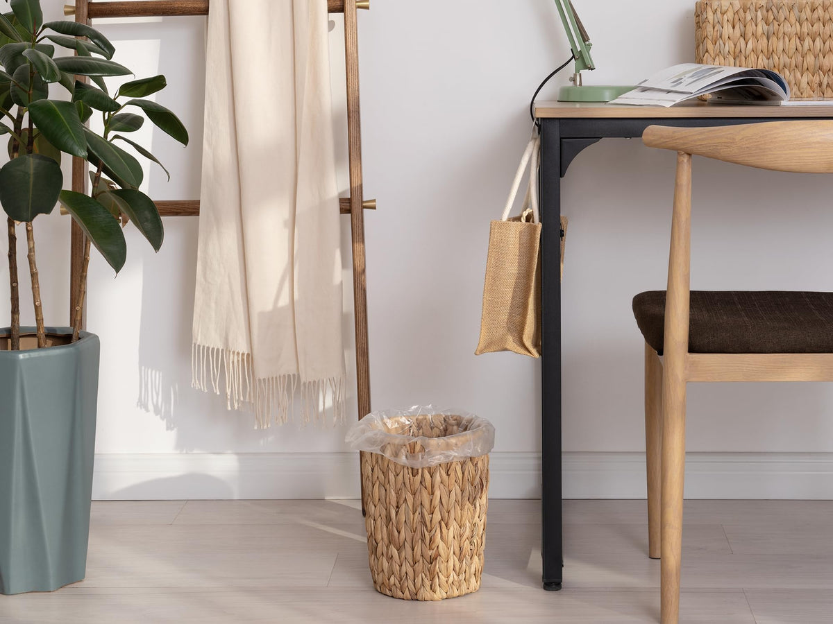 StorageWorks bedroom wicker bin blends with nightstands and decor.