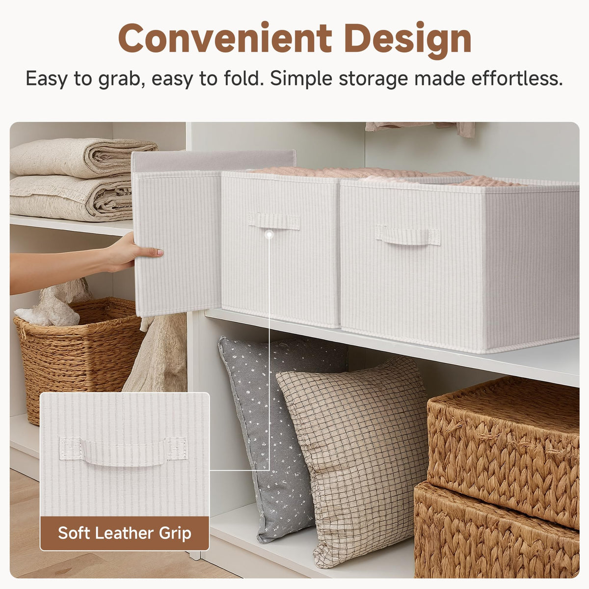 StorageWorks beige-stripe bin fits shelves in linen and bathroom.