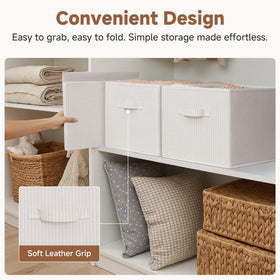 StorageWorks beige-stripe bin fits shelves in linen and bathroom.