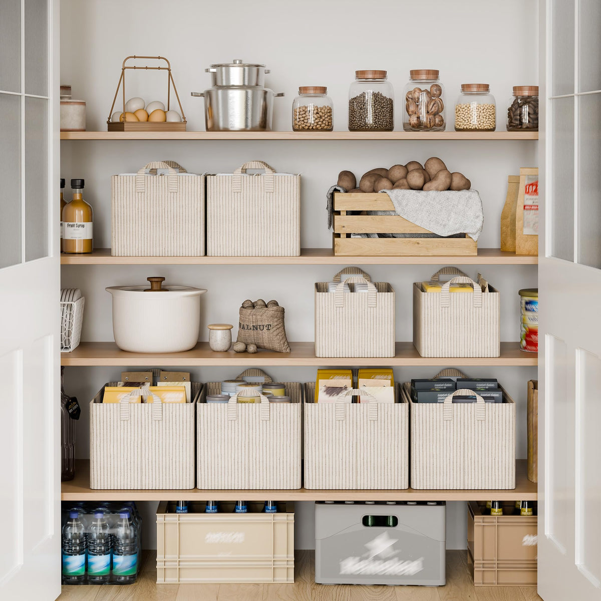 StorageWorks khaki and beige bin on a shelf, perfect for towels.