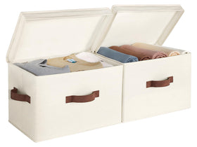StorageWorks fabric bin with lid on a shelf for tidy towel storage