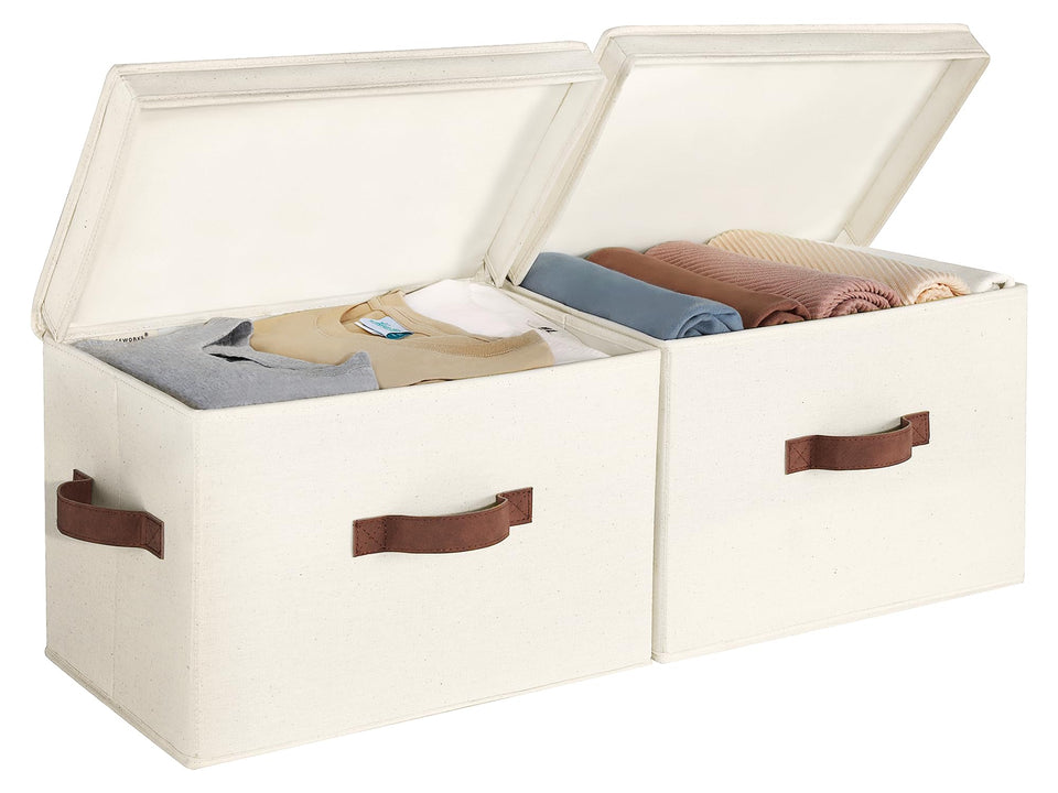 StorageWorks fabric bin with lid on a shelf for tidy towel storage
