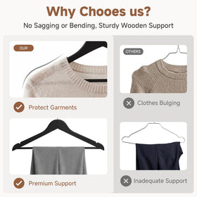 StorageWorks black non-slip wood hangers with shoulder-notch design keep straps in place.