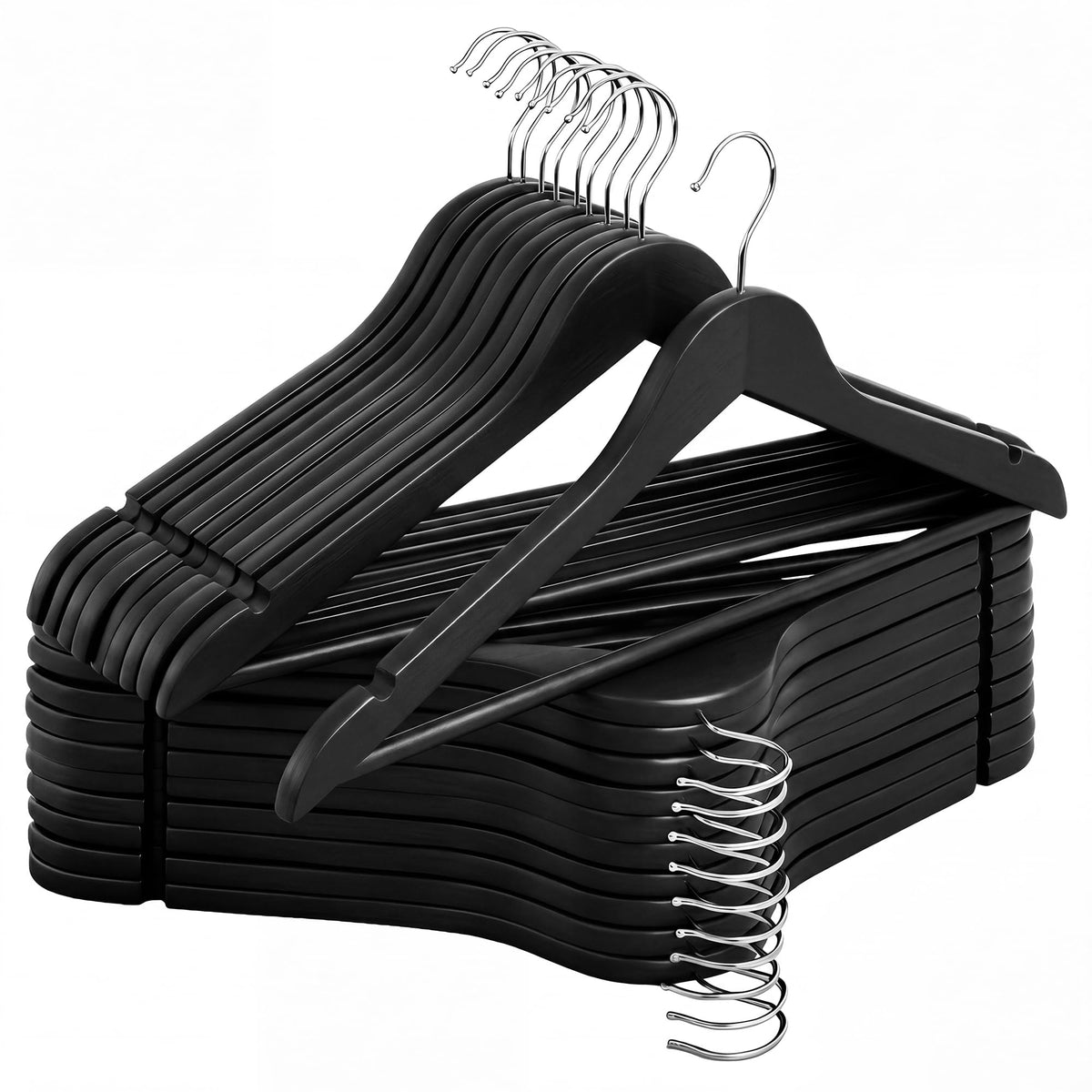 StorageWorks black wooden hangers 20-pack for sturdy closet organization and heavy garments.