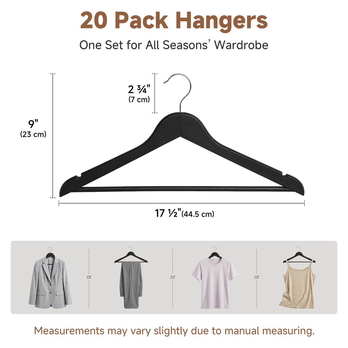 StorageWorks black wooden hangers with contoured shoulders prevent creases and preserve garment shape.