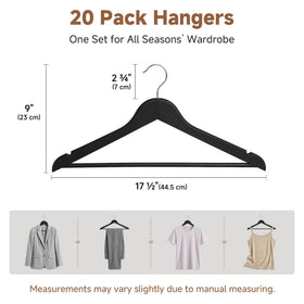 StorageWorks black wooden hangers with contoured shoulders prevent creases and preserve garment shape.