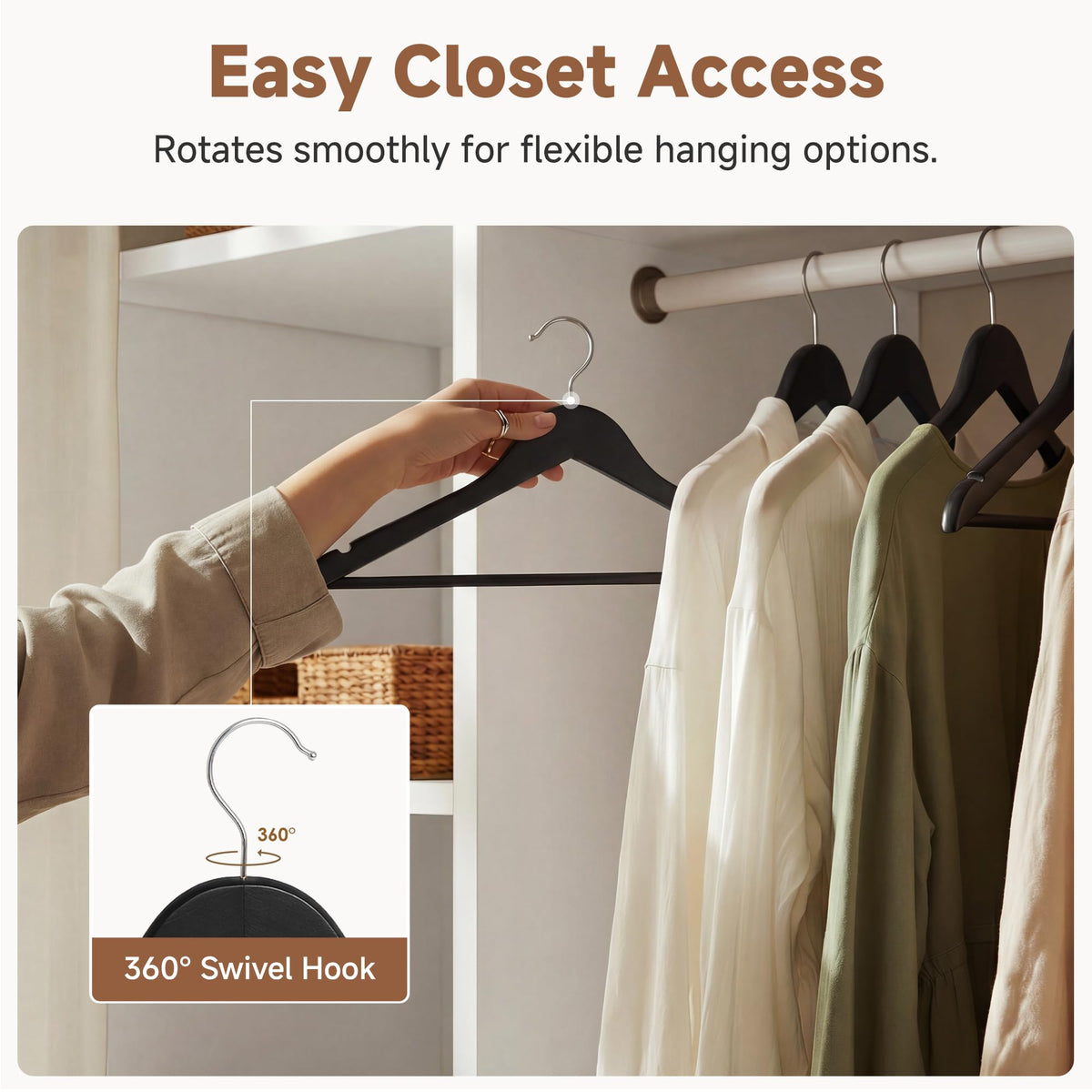 StorageWorks black wooden hangers with pant bar for secure, wrinkle-free pants.