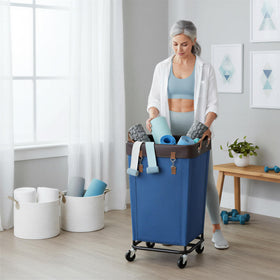 StorageWorks blue laundry basket suitable for homes, hotels, and dorms.