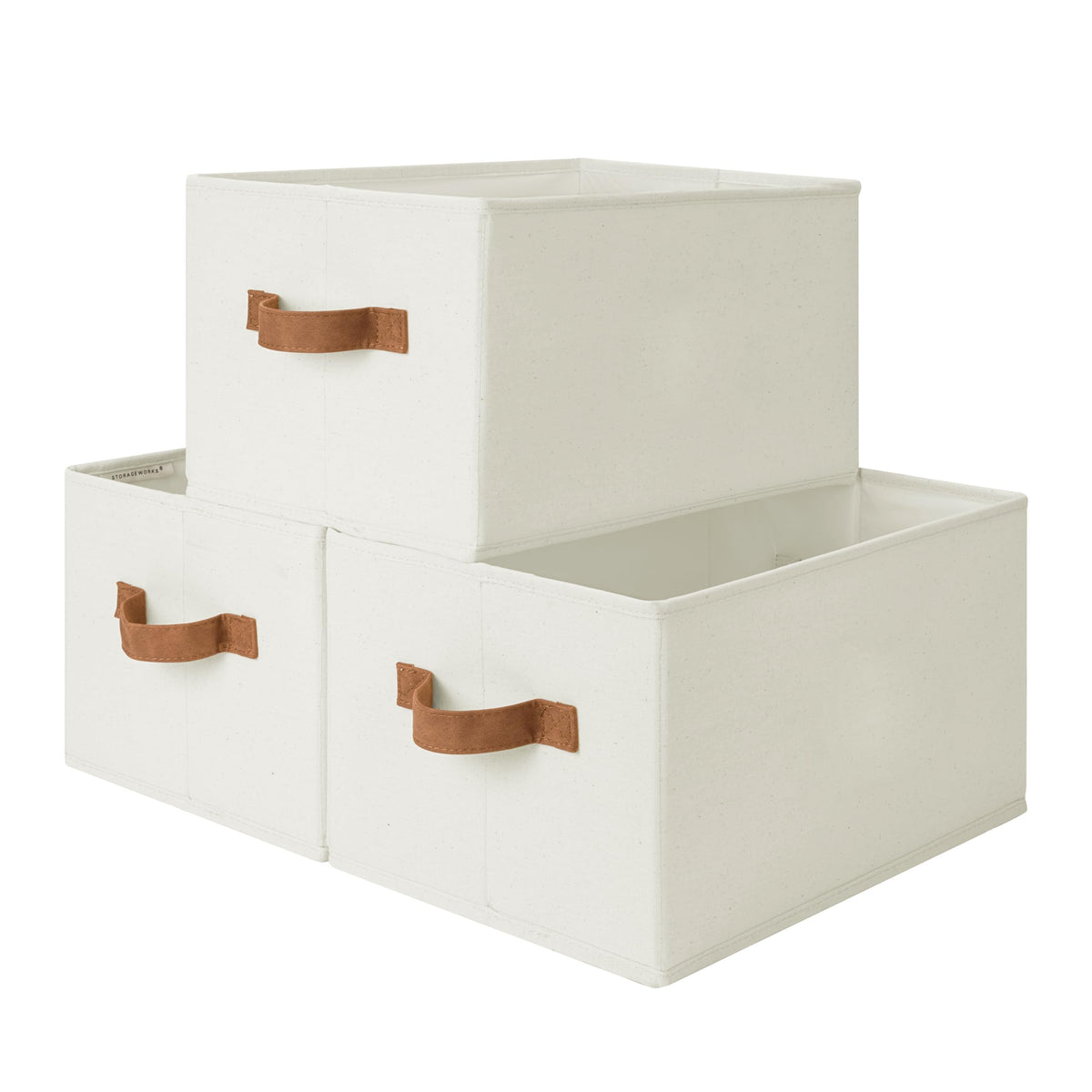 StorageWorks ivory white closet bins on shelves for roomy, organized storage.