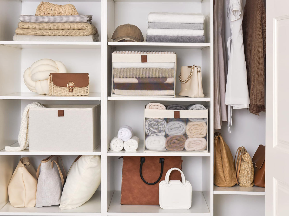StorageWorks closet bins with soft PU pull tabs for comfortable handling between shelves.