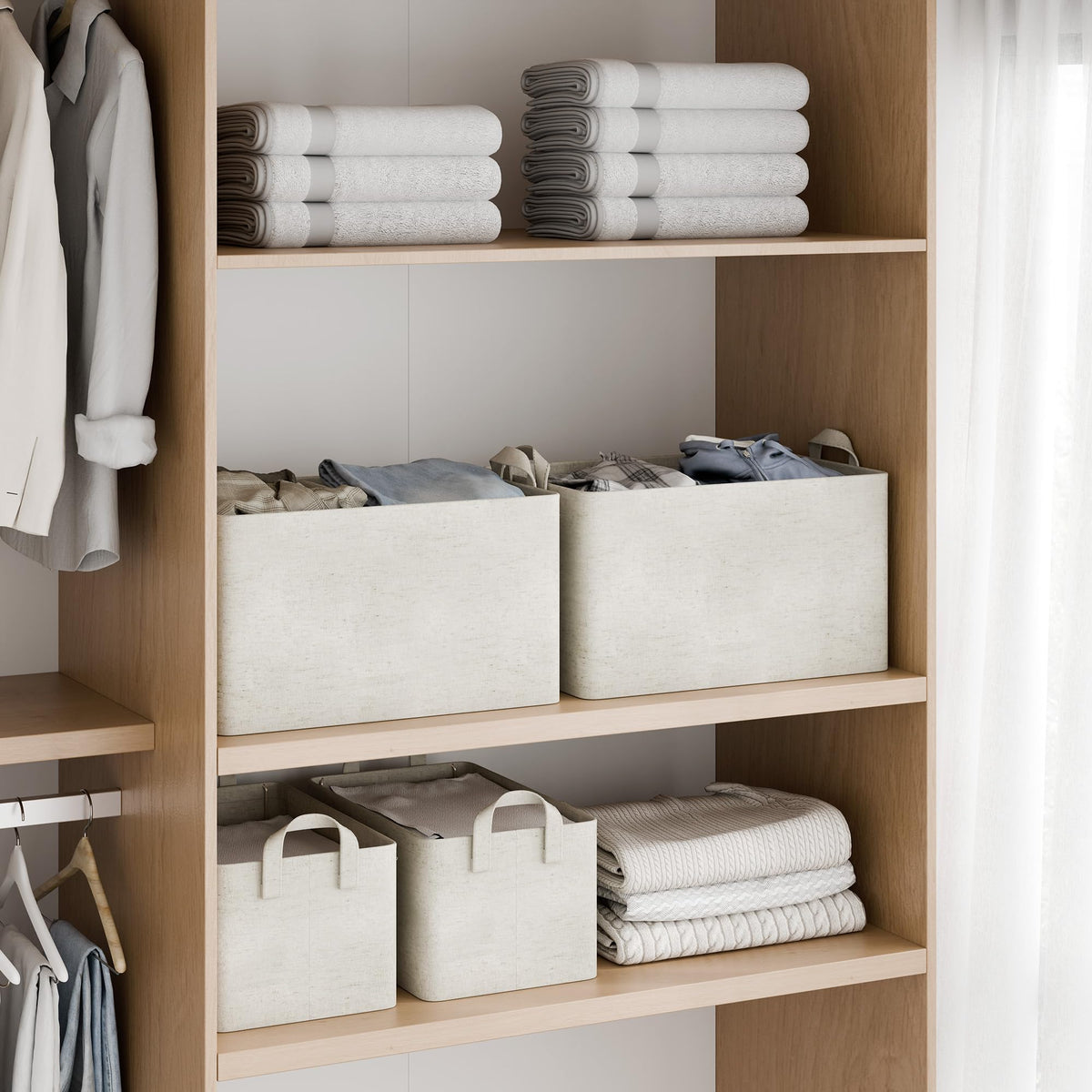 StorageWorks closet baskets beige linen on shelves for easy access.