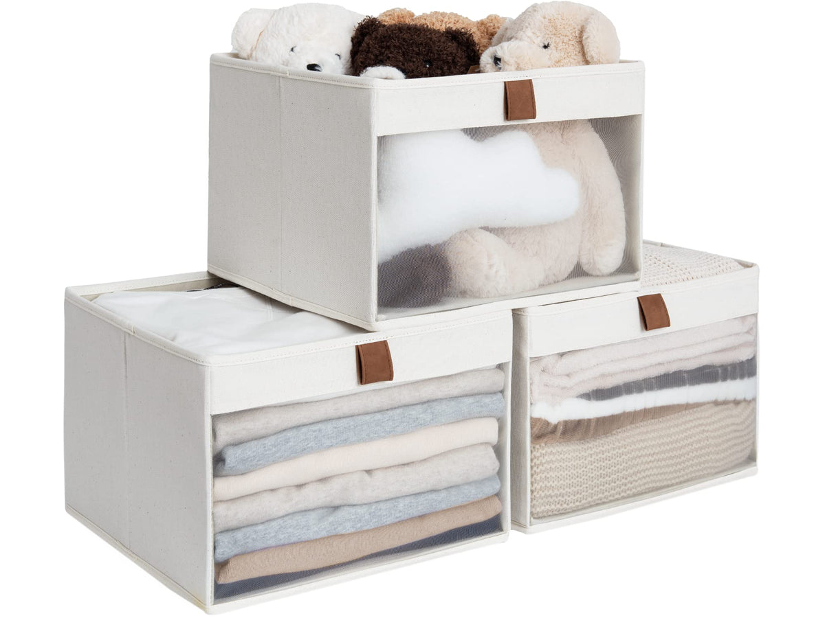 StorageWorks closet bin with clear window for quick item visibility.