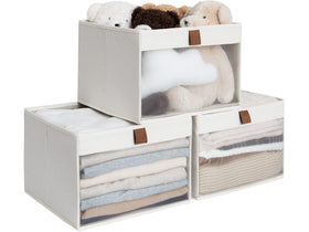 StorageWorks closet bin with clear window for quick item visibility.