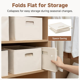 Neutral ivory fabric bin blends with closet decor for calm organization